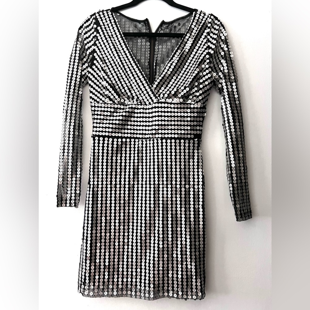 Silver & Black Sequin Dress Long Sleeve Zipper